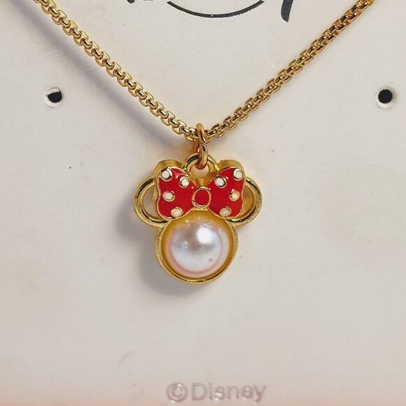 Disney Minnie Mouse Gold-Toned Necklace Pearl Red Bow New - Picture 2 of 7